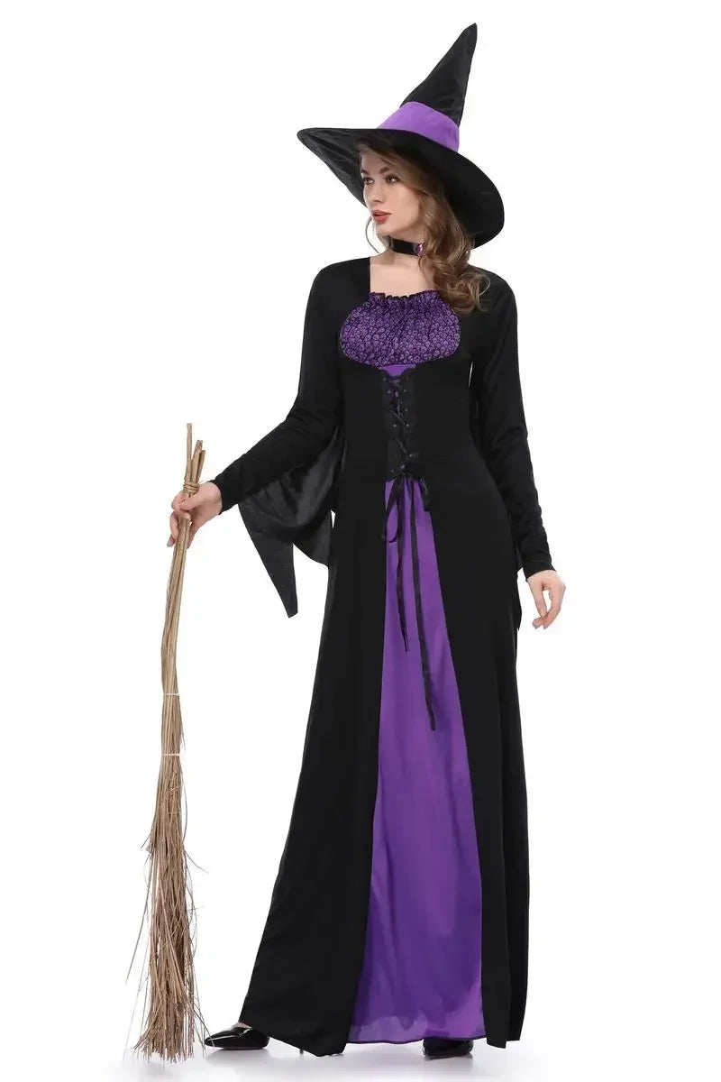 Halloween Gothic Witch Cosplay Costumes Women Sexy Witch Dress With Hat Carnival Party Performese Clothes