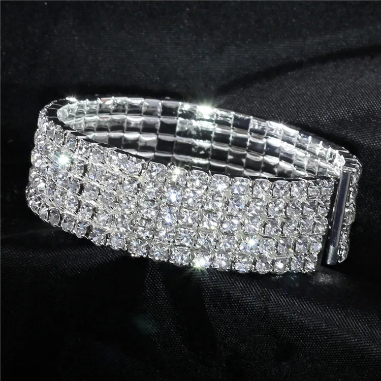 Wedding Bridal Jewelry 1-10 Row Cuff CZ Rhinestone Crystal Stretch Strand Bracelet Bangle Dropshipping