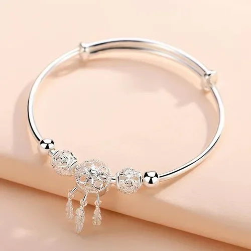 925 Sterling Silver Bracelets Woman Dreamcatcher Tassel Feather Round Bead Adjustable Charm Bracelet for Women Party Jewelry