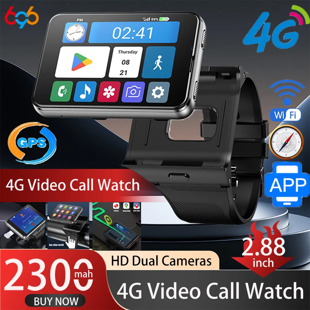 4G Smart Watch Android 11 Smartwatch Health Clock 2MP/8MP Dual Camera 4GB RAM 64GB ROM 2300MAh GPS WIFI Compass 2.88" Watches