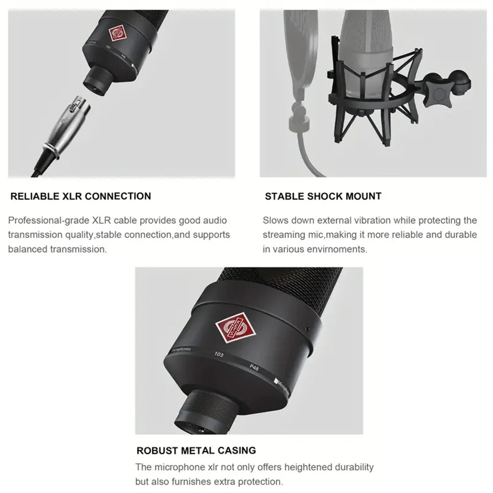 Professional 26mm Core Condenser Microphone TLM103 Home Recording XLR Connector Mic with Shockproof Holder for Gaming Streaming