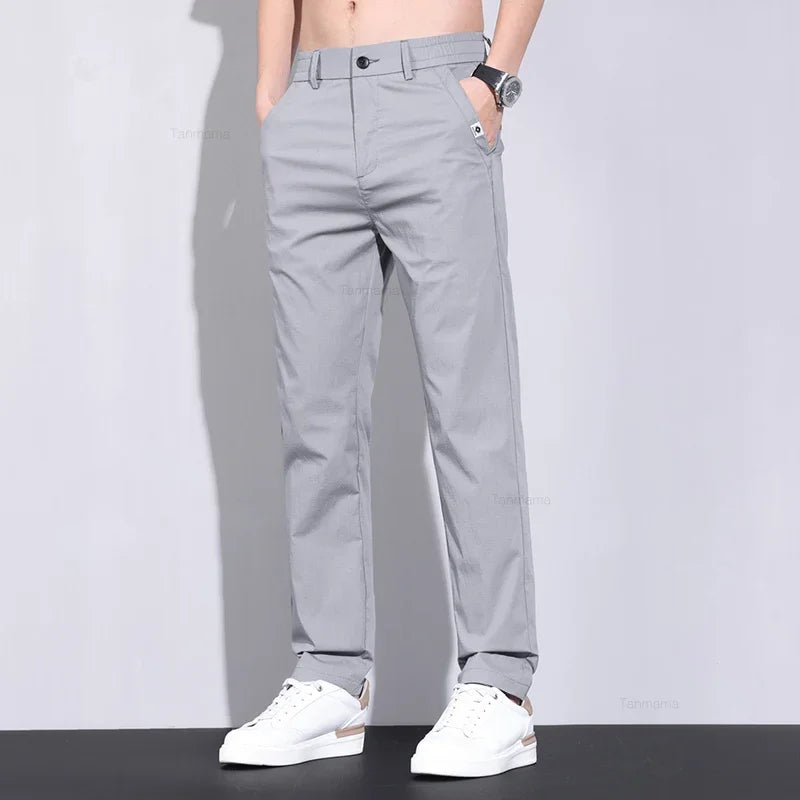 Ultra-thin Elastic Men's Casual Pants 2024 Summer Ice Silk Cotton Fashion Slim Straight Business Trousers Black Gray Khaki