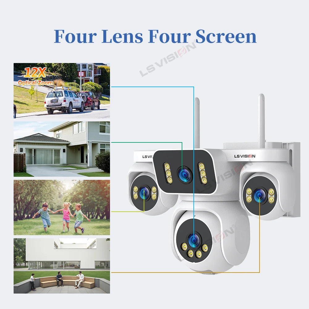 LS VISION 10K AOV 4G LTE Solar Camera Outdoor Security Camera 12X Zoom 24/7 AOV Recording Four Lens Auto Tracking Human Motion