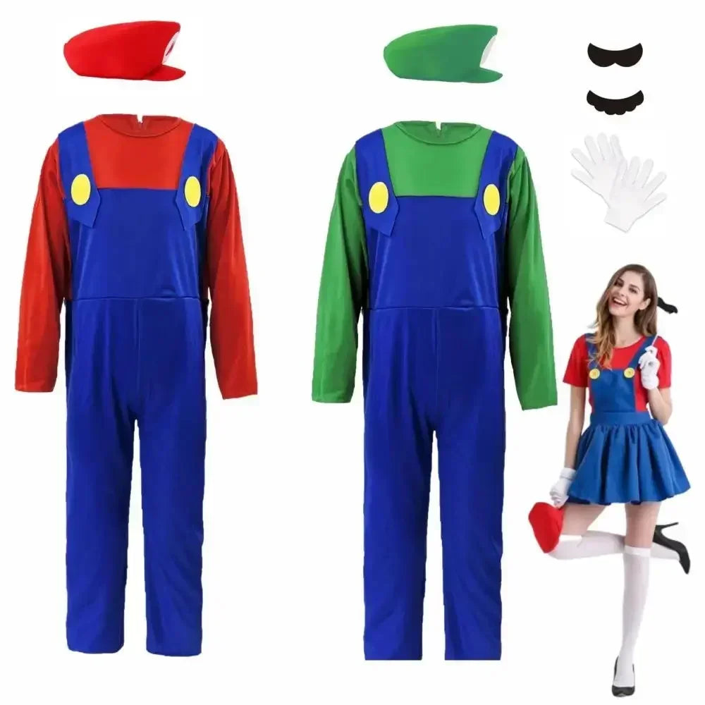 Halloween   Plumber Bros Cosplay Costumes Funny Halloween Carnival Outfits for Men Women Fancy Jumpsuit with Hat Mustache Gloves