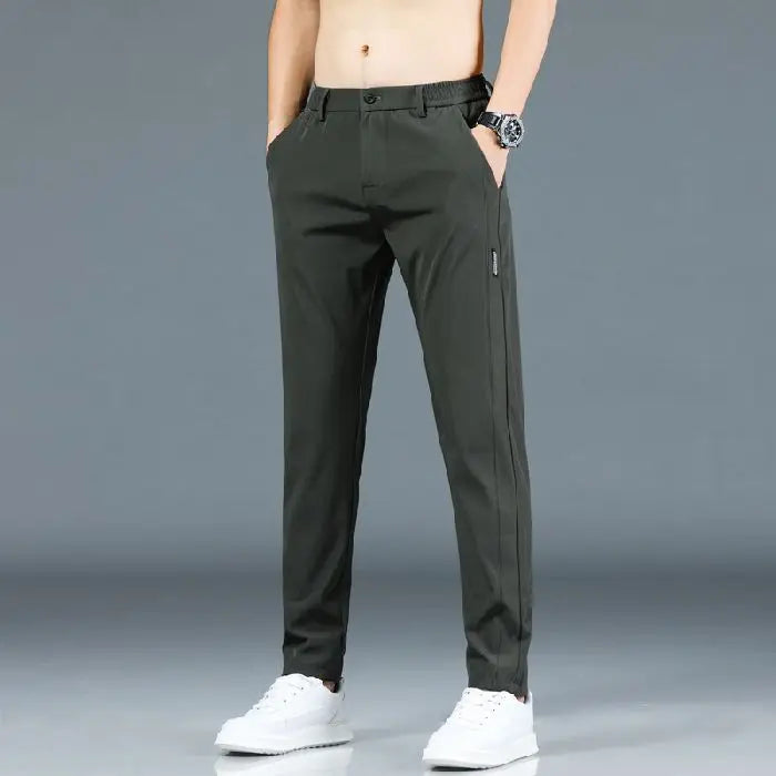 2025 New Summer Ultra-thin Men's Casual Pants Breathable Soft Ice Silk Elastic Straight Business Trousers Black Gray