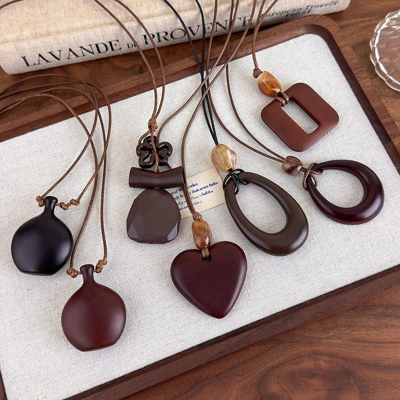 Fashion Women Necklace New Chinese Retro Long Hollow Wooden Pendant Unique Design Elegant Stylish Chain For Ladies