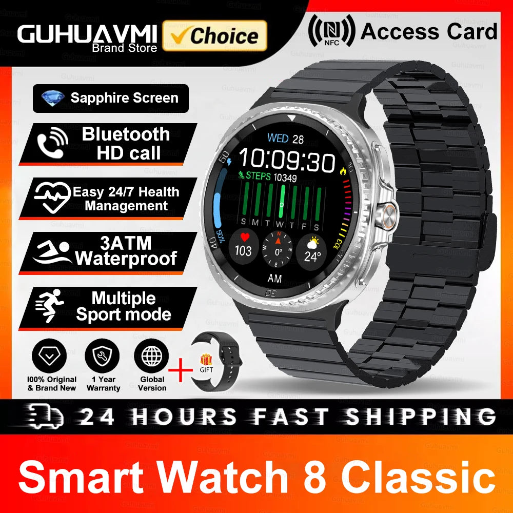 New Smart Watch 8 Classic Men HD Display Screen GPS BT Call Sports Fitness Waterproof Watch SmartWatch 1.32-inch For Android IOS