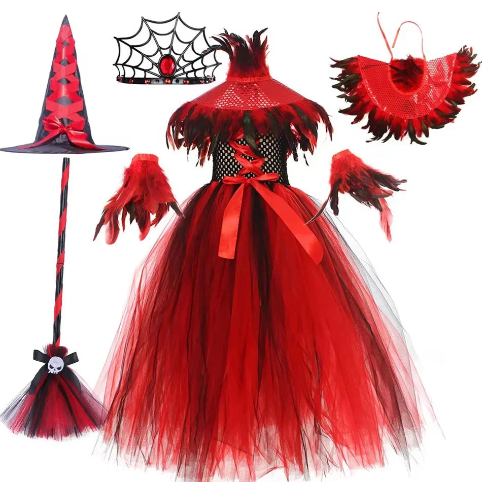 Halloween Vampire Costume for Girls Devil Witch Gothic Puffy Mesh Clothes Demon Vampires Queen Cosplay Carnival Party Dress