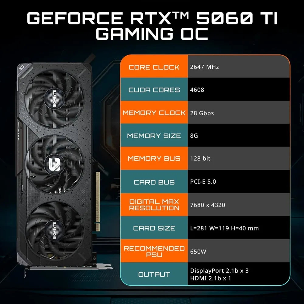 US Shipping GeForce RTX 5060 Ti Gaming OC 8G GDDR7 128-bit PCIe 5.0 Video Card WINDFORCE Cooling