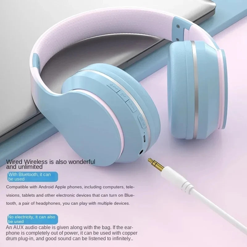 Gradient Bluetooth Headset Cute Wireless Music Headphone with Mic Gamer Earphone Kids Lovely Christmas Gifts for Girl PC Gaming