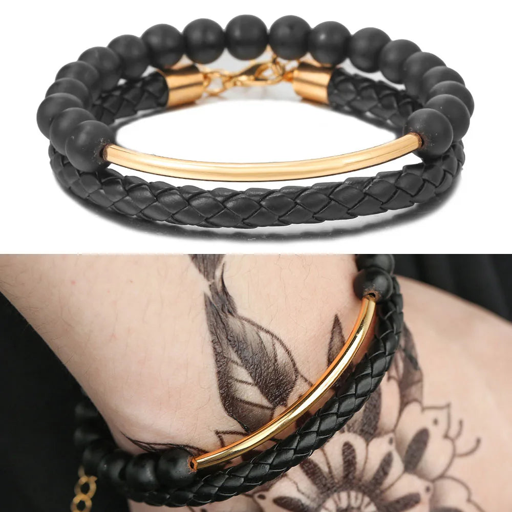 New Leather Woven Bracelet Men's Punk Handmade Black Frosted Bead Bracelet Bracelet 2 Set Bracelet