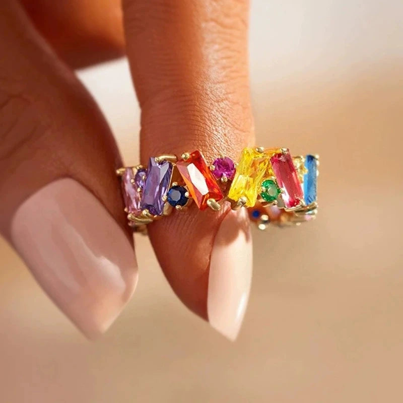 Charm Irregular Rainbow Zircon Colorful Wedding Bands Gold Silver Color Female Promise Engagement Rings For Women Bridal Jewelry