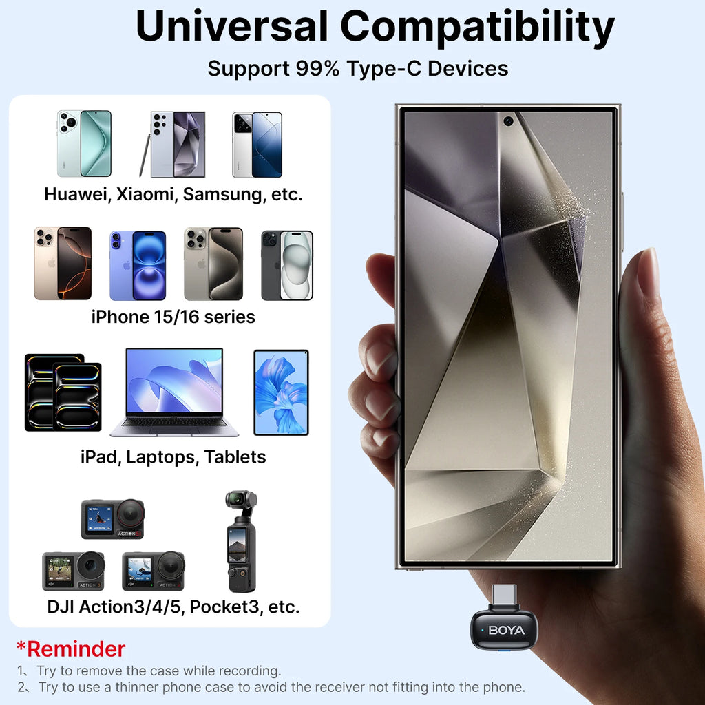 BOYA BOYA Mini Wireless Lavalier Microphone for iPhone 15/16 Android Phone USB-C Devices for Live Streaming Video Recording Vlog