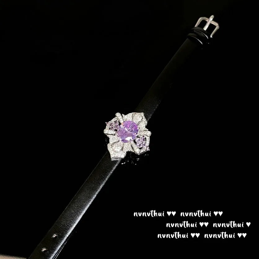 2024 New Fashion Amethyst Bracelet with PU Wrist Strap Elegant Platinum Plating Luxury Diamond Bracelet Bangles Vintage Jewelry