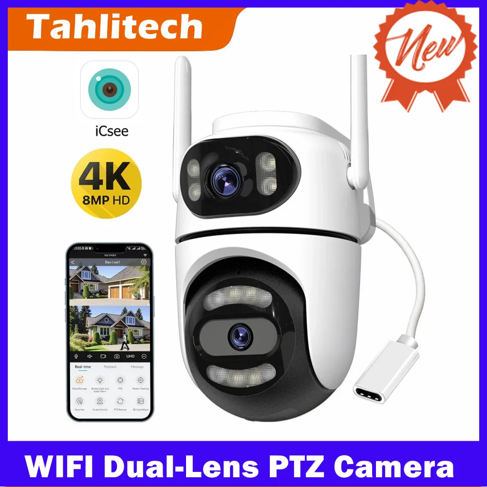 Wifi PTZ Camera iCsee APP 8MP 4K HD Dual Lens Dual Screens Video Surveillance IP Camera Ai Tracking Outdoor Home Security CCTV