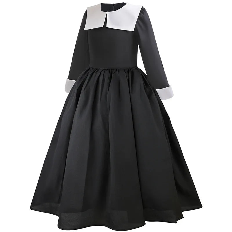 Halloween Girls Dress Kids Black Family Gothic Dress +Wig calf socks Girls Prom Gown Wesday Cosplay Fancy Party Carnival Costume