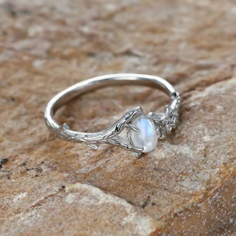 Women Ring Finger Ring Fashion Jewelry Natural Stone Silver Color Engraved Tree Branch Flower Vintage Faux Moonstone Inlaid