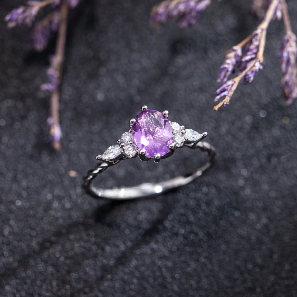 Charm Gold Silver Color Wedding Ring Natural Amethyst Oval Shaped Stone Engagement Ring Unique Zircon Cluster Rings For Women