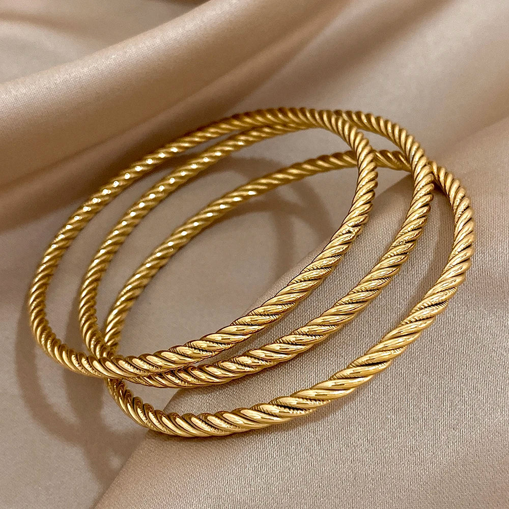 3pcs 18K Gold Plated Stainless Steel Bangle Bracelet for Women Trendy Chic Twisted Stacked Wrist Bracelets Waterproof Jewelry