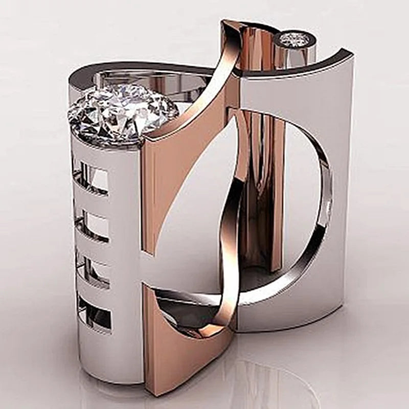 Creative Silver Color Rhinestone Finger Ring for Women Men Personality Wedding Ring Two-tone Square Zircon Hip Pop Ring Jewelry