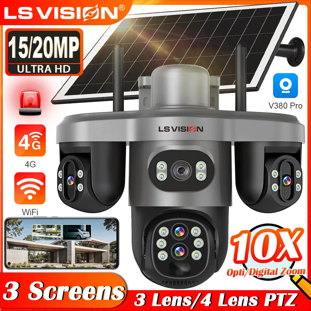 LS VISION 20MP 4G Solar Camera 10X Optical Zoom Four Lens Three Screen Outdoor WiFi Surveillance Cameras Auto Tracking V380 Pro