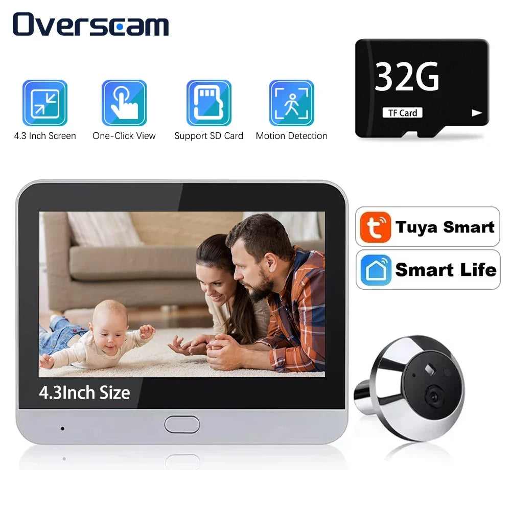 5MP Tuya Smartlife Home Doorbell Cat Eye Camera PIR Motion Detection Wifi Doorbell Night Vision Peepholes 4.3 Inch Baby Monitor