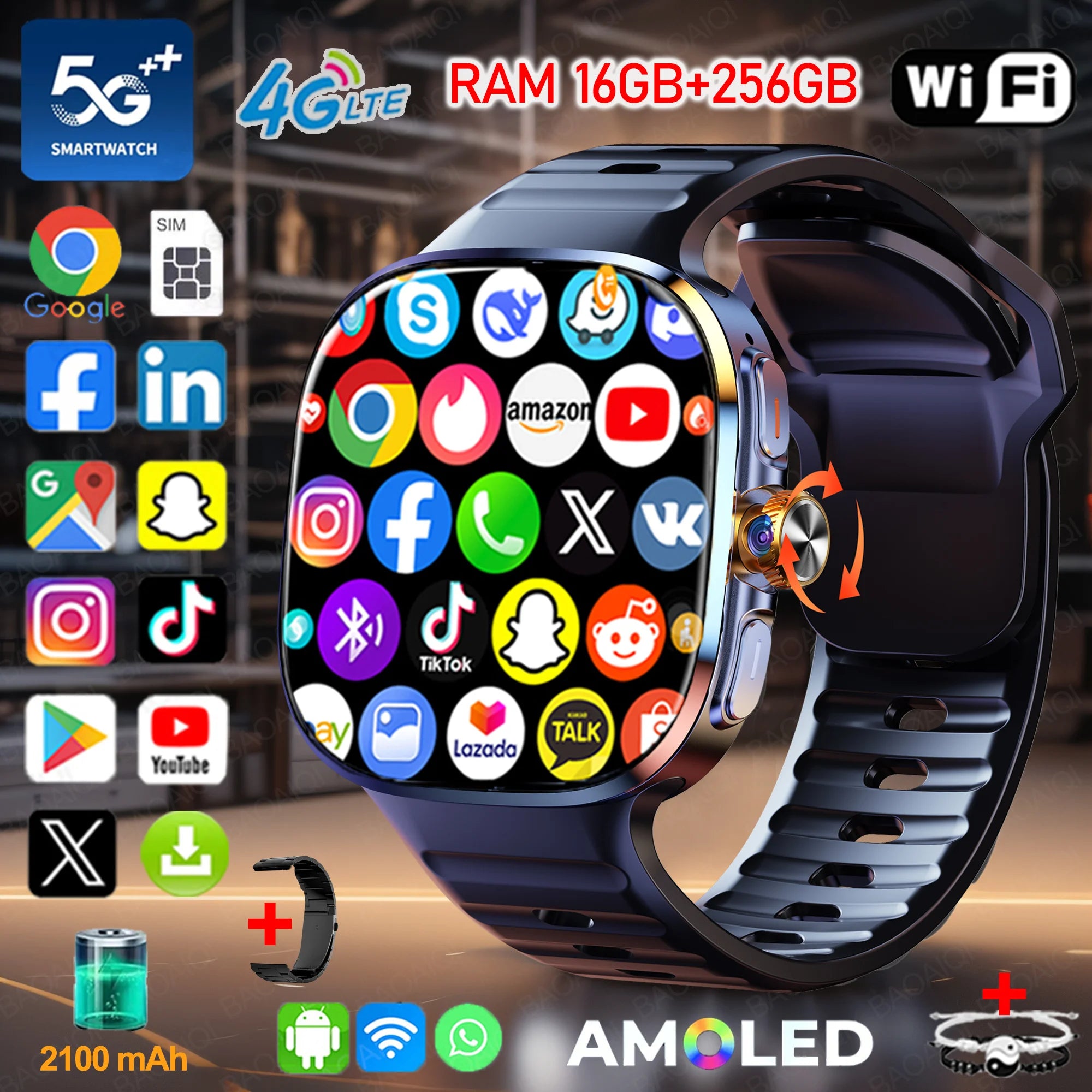 New Large Screen Smartwatch 4G/5G SIM Card Android 10.0 AMOLED 2.4 inch 900W Pull-out Swivel Camera smart watches 16GB+256GB RAM