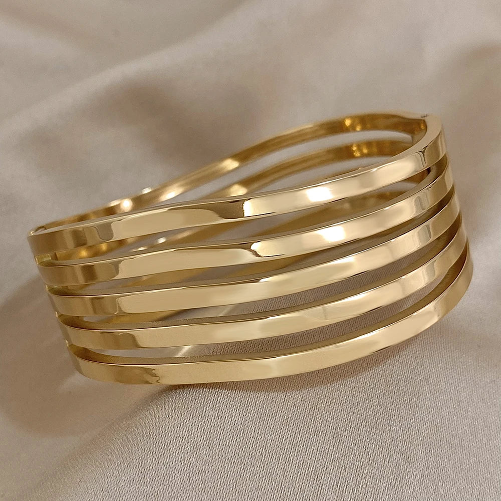 Stainless Steel Bangles Bracelets Multi-layered Line Wide Cuff for Women Vintage Fashion Versatile Hinged Waterproof Jewelry
