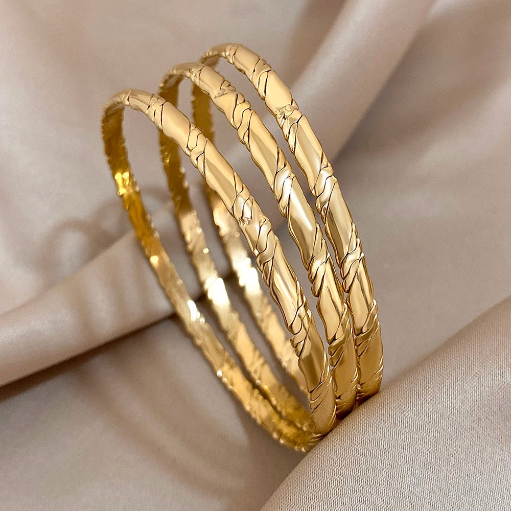3pcs Gold Plated Twist Stainless Steel Bangle Bracelet for Women Tibetan Buddha Stacked Wristband Bracelets Waterproof Jewelry