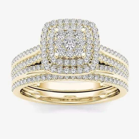 Delicate Gold Color Square Geometry Ring for Women Luxury Metal Inlaid White Stones Ring Set Jewelry