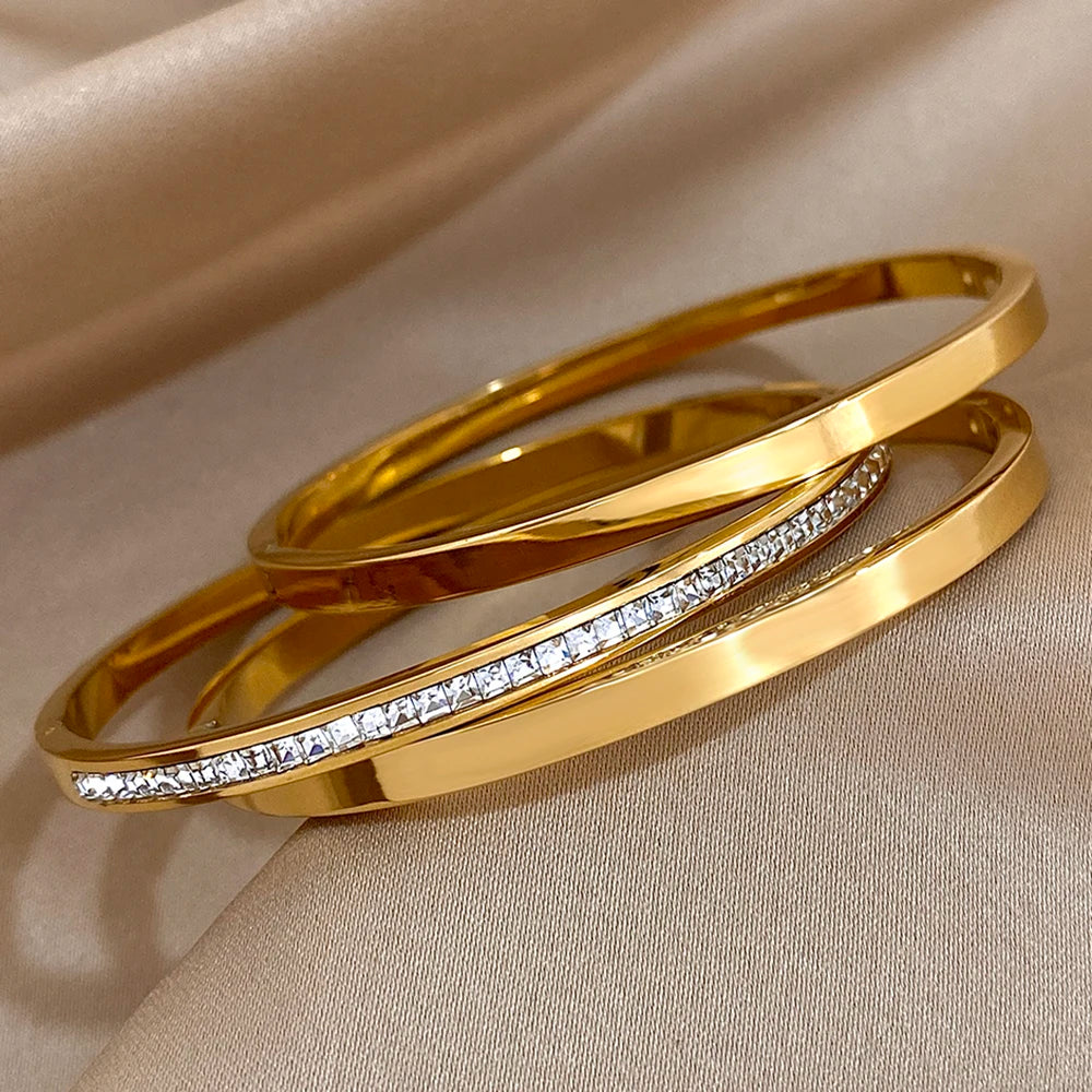 3pcs Simple Gold Plated Texture Inlaid Crystal Cuff Bracelets for Women Unique Stainless Steel Chic Stackable Jewelry Bracelets