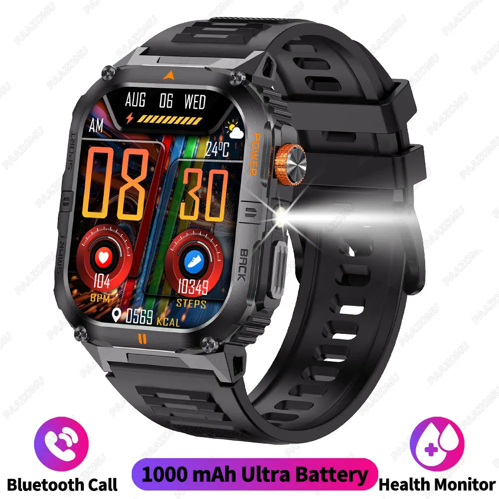 Outdoor Smart Watch for Men 1200mAh Battery LED Flashlight BT Calls Heart Rate 100+ Sports Modes Fitness Tracker for Android/iOS