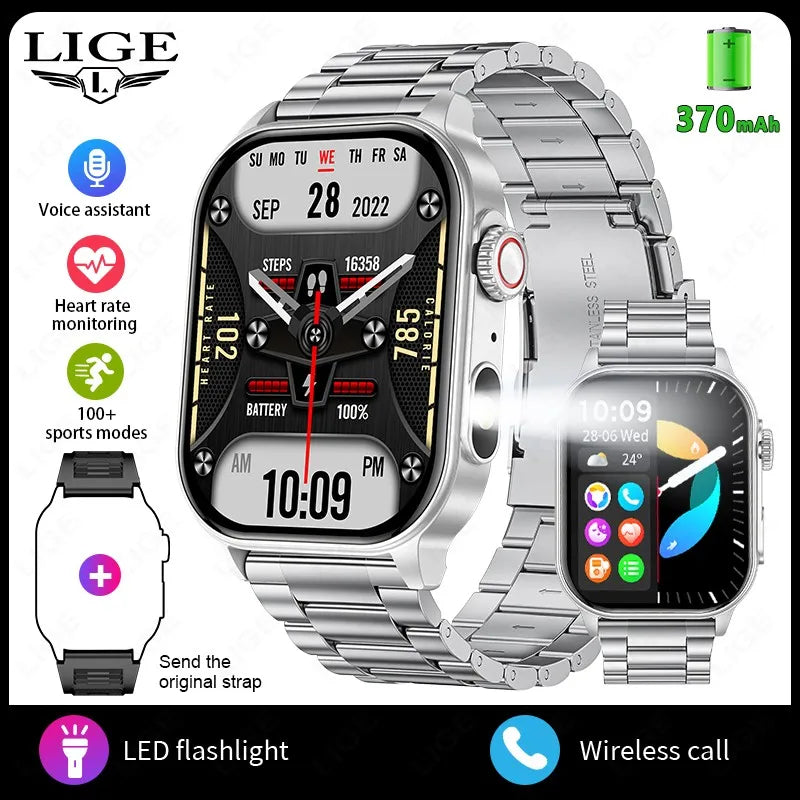 LIGE New Men Smart Watch Flashlight 2.01" HD Large Screen AI Voice Bluetooth Call Sport Watches Health Monitor Smartwatch Women