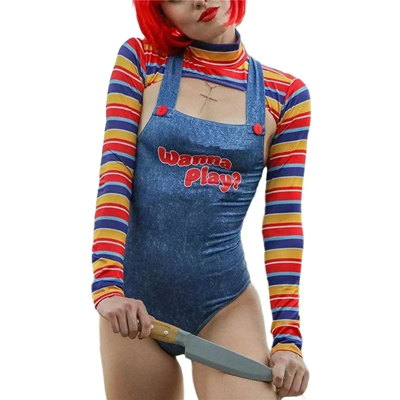 2025 Halloween Costumes for Women Scary Nightmare Killer Doll Wanna Play Movie Character Bodysuit Chucky Doll Costume Set