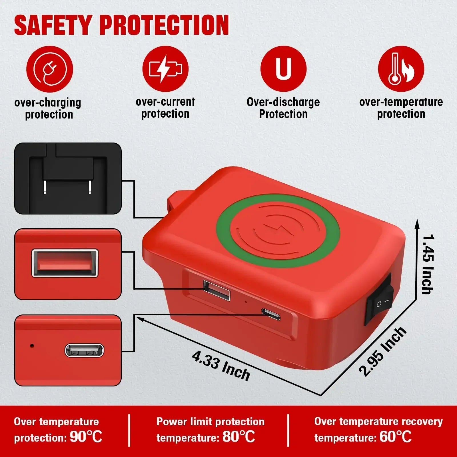 Wireless Phone Charger For Milwaukee 18V Li-ion Battery Phone Charger with USB Port and TYPE C Port Portable Outdoor Power Bank