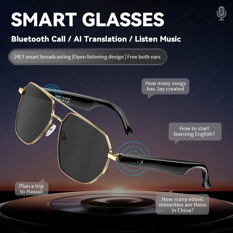 LIGE Smart Glasses AI Intelligent Translation Wireless Bluetooth Glasses Built-In Mic Speakers Headset Sunglasses For Men Women