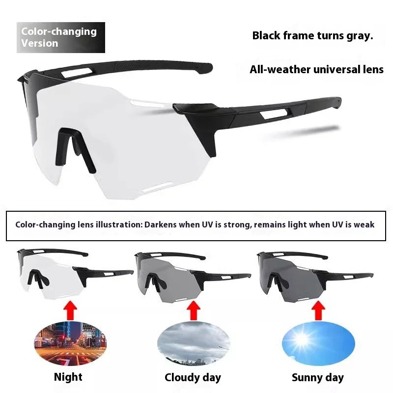 Smart color-changing riding glasses, stylish windproof cycling goggles, UV protection running and dust-proof skiing eyewear.