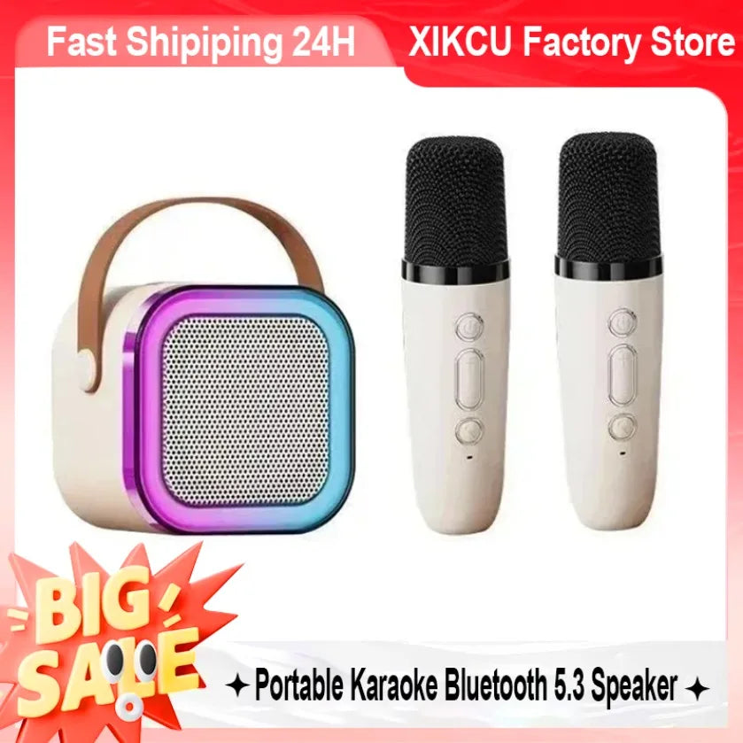 XIKCU K12 Portable Bluetooth 5.3 Karaoke Machine PA Speaker System with 1-2 Wireless Microphones Home Family Singing Children's