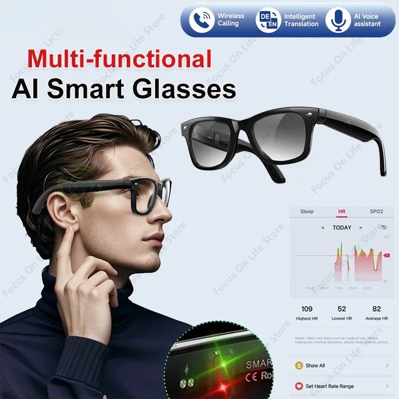 AI Smart Glasses UV Protection Translation Sunglasses With Multi Sports Modes Heart Rate Blood Oxygen Monitoring Glasses