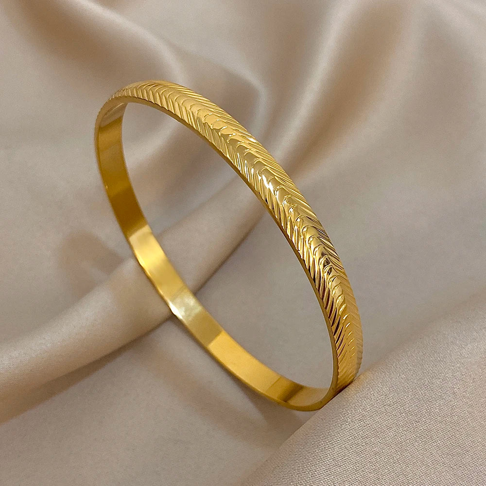 Fashion Gold Plated Stainless Steel Cuff Bracelet Irregular Geometric Textured Stacked Wristband Bangles Waterproof Jewelry