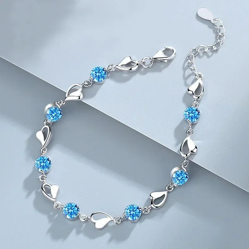 925 Sterling Silver Heart Shaped Bracelet For Women Retro Korean Versatile Pink Crystal Charm Bracelets Original Party Jewelry