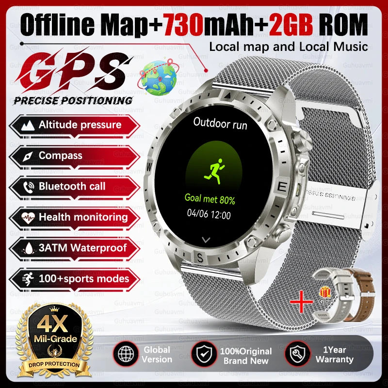 Dual-Band GPS Smart Watch Men Tactical Military Grade 1.43" AMOLED Offline Map 100+Sports 3ATM Waterproof 730mAh Battery Watches