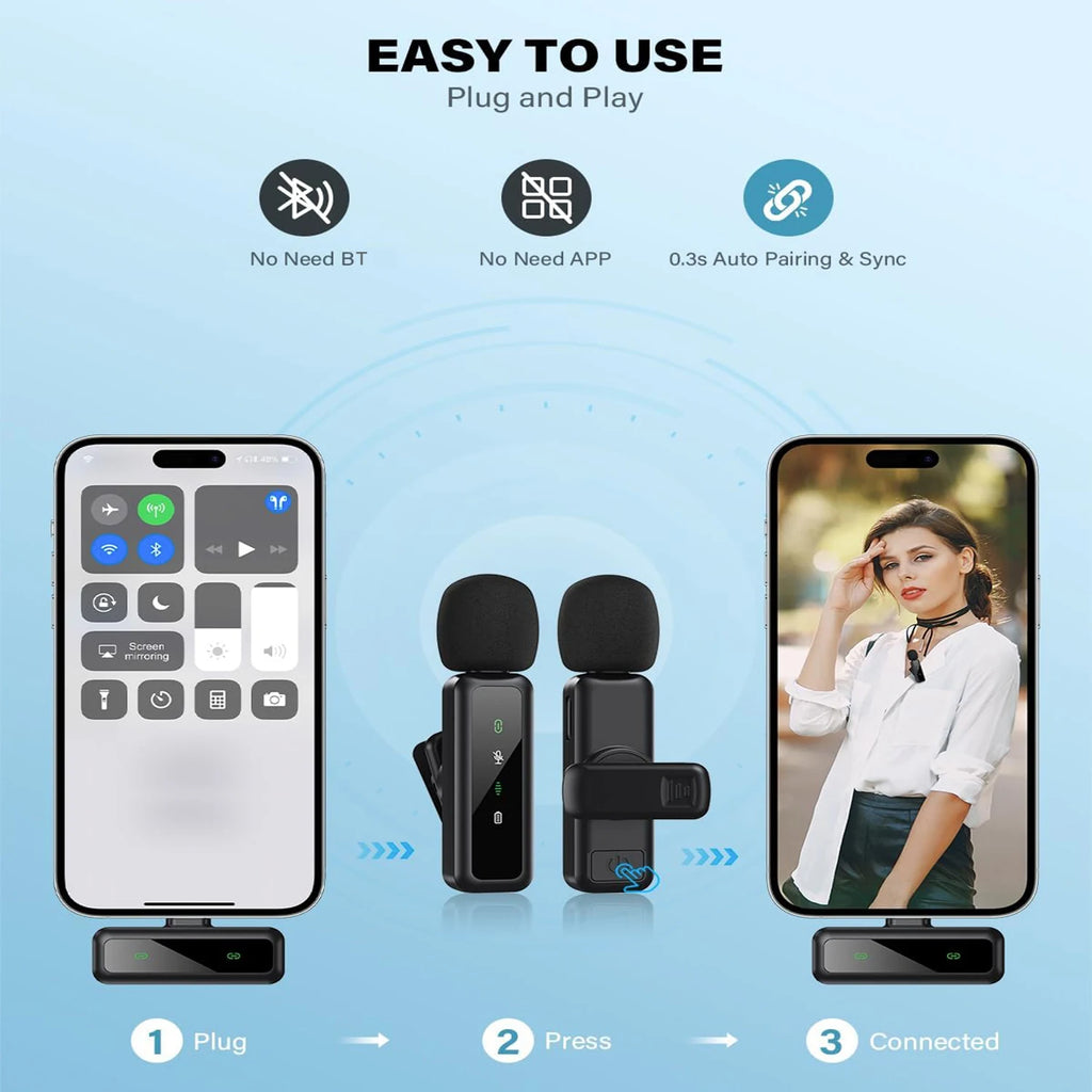 Wireless Lavalier Microphone For iPhone Android PC Audio Video Recording Noise Cancelling Clip-on Mics For Vlog Tiktok YouTube