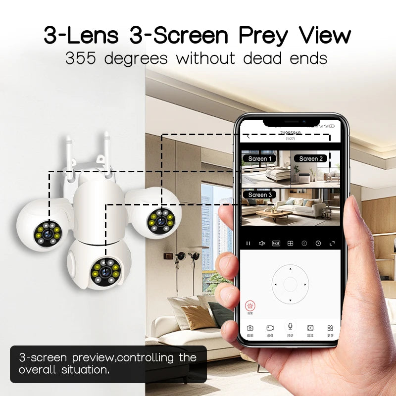8K 15MP HD Three Screen WIFI IP Camera PTZ Three Lens Ai Detection Camera Onvif Two-way audio CCTV Video Security Cameras YOOSEE