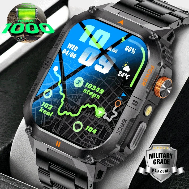 Outdoor Smart Watch for Men 1200mAh Battery LED Flashlight BT Calls Heart Rate 100+ Sports Modes Fitness Tracker for Android/iOS