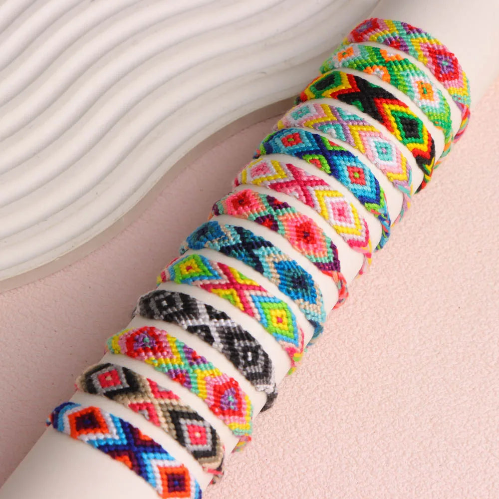 12Pcs/Lot New Fashion Multicolor Classic Bohemia Handmade Weave Bracelets Adjustable Daily Simple Wear For Men Women Party Gifts