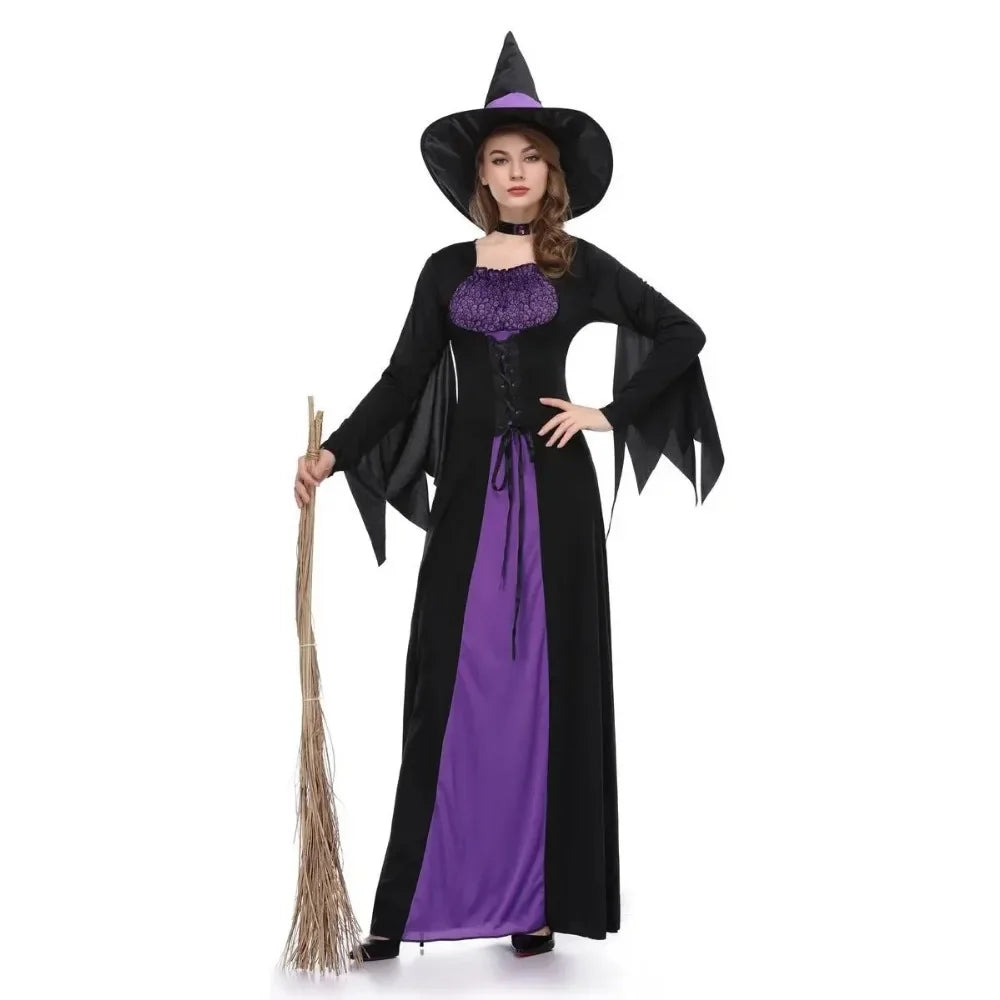 Halloween Gothic Witch Cosplay Costumes Women Sexy Witch Dress With Hat Carnival Party Performese Clothes