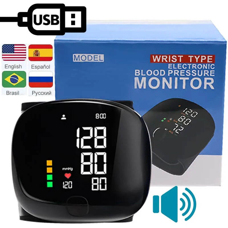 New LED Wrist Blood Pressure Monitor Rechargeable English Voice Broadcast Sphygmomanometer Tonometer BP Monitor