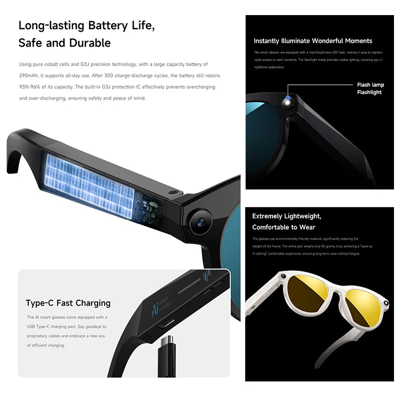 NEW Smart Glasses 200W HD Camera Photo Video Real-time Translation Al Image Recognition Flash lamp Flashlight BT Call AI Glasses