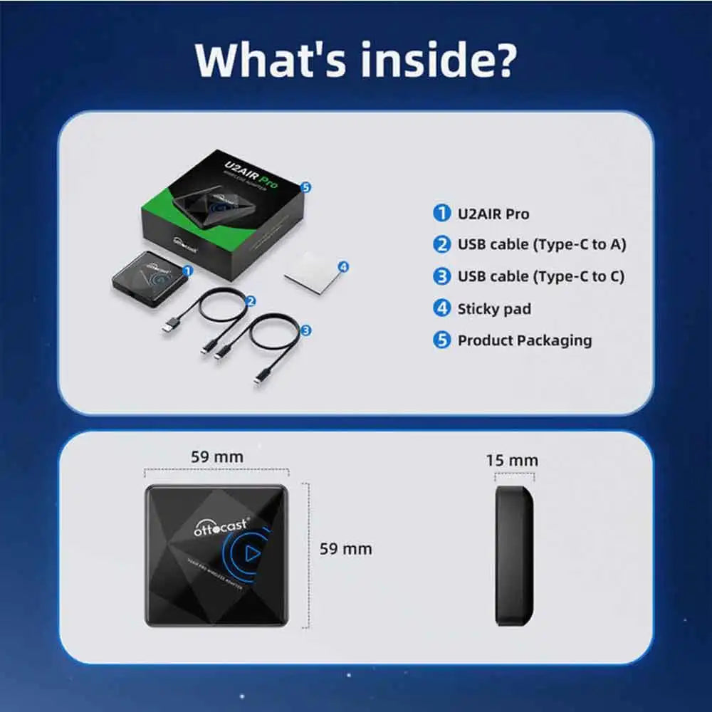 OTTOCAST U2Air PRO Wired To Wireless CarPlay Adapter USB Dongle Smart Ai Box Car Accessories for VW Nissan Ford Volvo Kia Benz